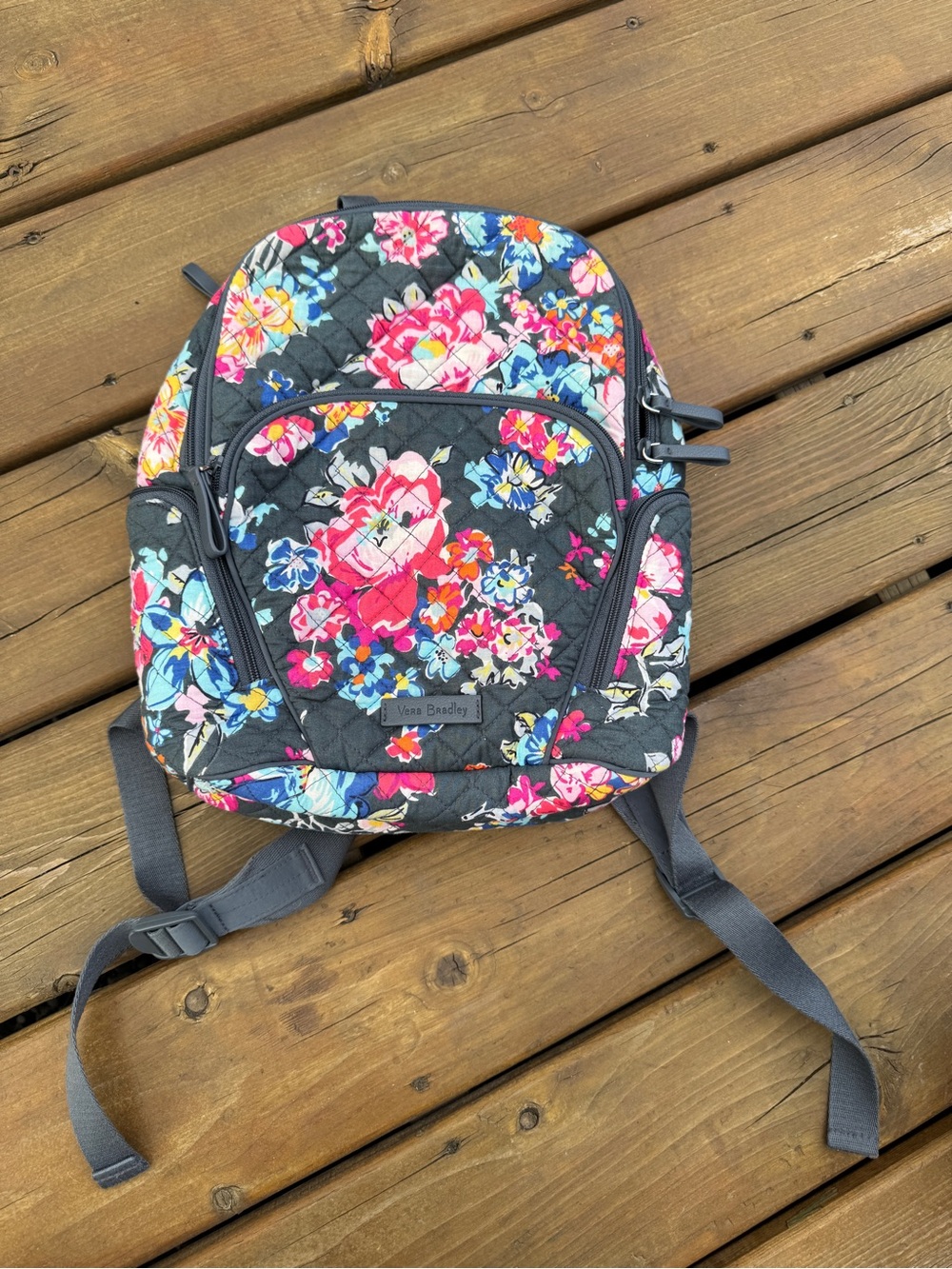 Vera Bradley Floral Quilted Kids Backpack in Dark Gray with Pink & Blue Flowers